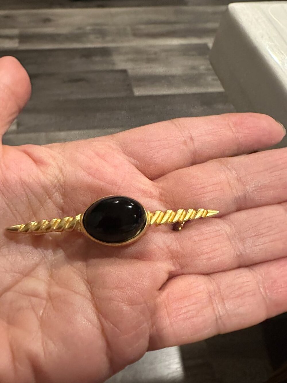 Vintage Brushed Gold-Tone Brooch Pin with Black Cabochon 2.5" long